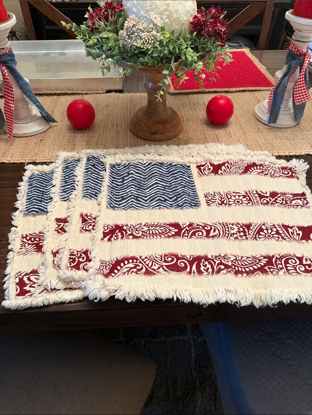 Patriotic Red & Navy Cotton Placemat Set - Home Dining Table Linens Set/4